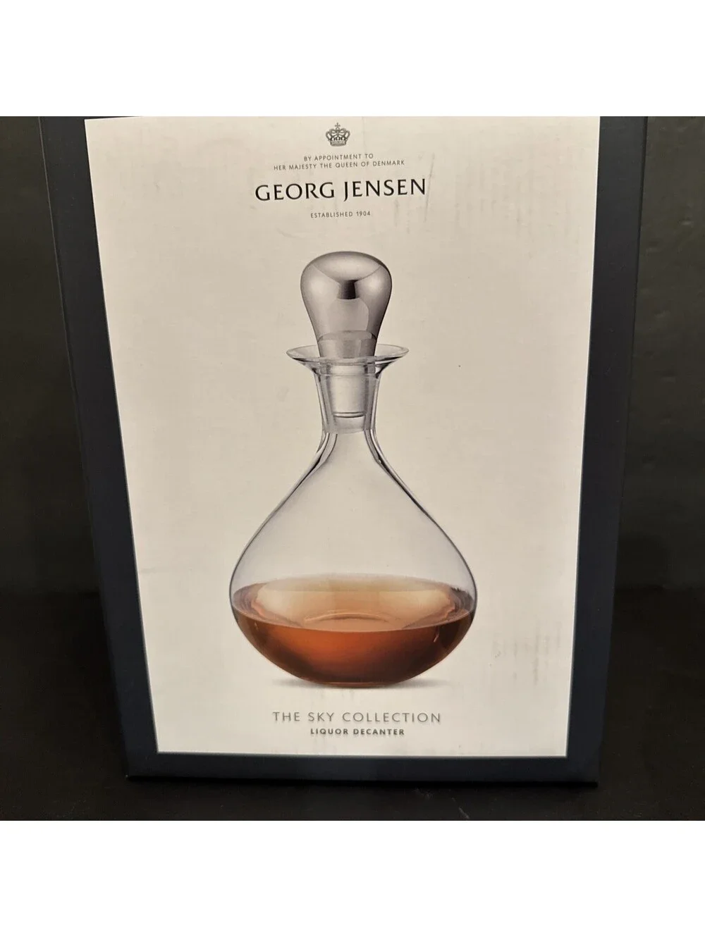 New Georg Jensen The Sky Collection Stainless Steel & Glass Liquor Decanter 10”H